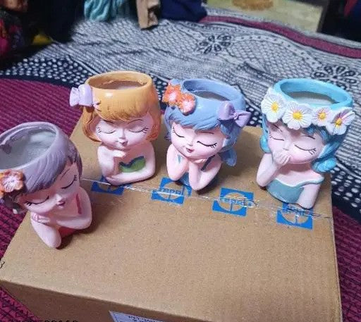Cute Girl Face Planter Pot Resin Succulent Planter Little Girl Flower Pot Set of 4 Size ( 11 x 7 cm)