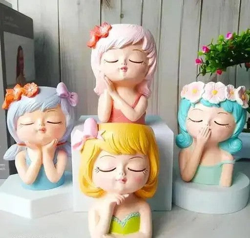 Cute Girl Face Planter Pot Resin Succulent Planter Little Girl Flower Pot Set of 4 Size ( 11 x 7 cm)
