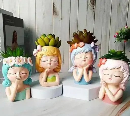 Cute Girl Face Planter Pot Resin Succulent Planter Little Girl Flower Pot Set of 4 Size ( 11 x 7 cm)